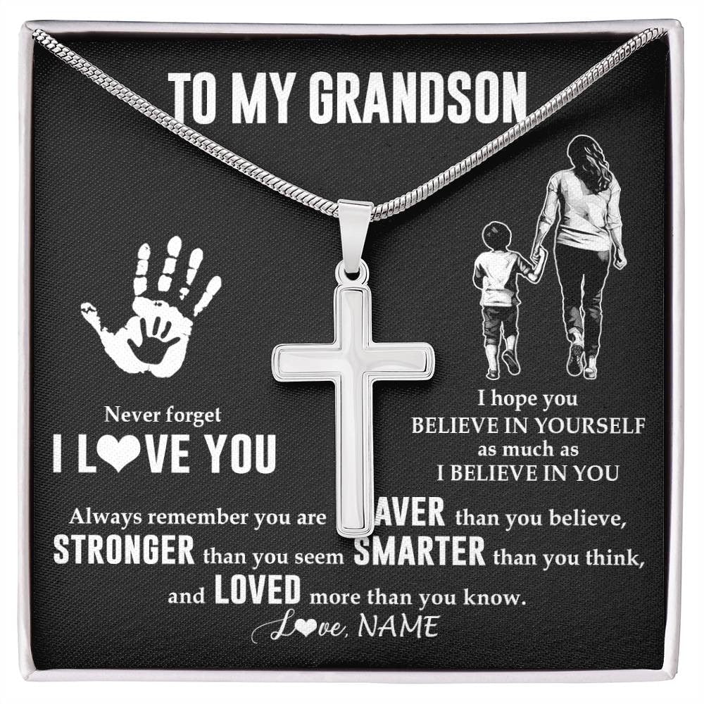 To My Grandson From Grandma Never Forget I Love You Grandson Birthday Graduation Box Message Card, Multi Cross Necklace
