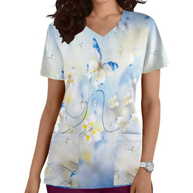 XZNGL Femmes Chemisiers à Manches Courtes Femmes Mode Manches Courtes V-Cou Tops Travail Uniforme Impression Blouse Blouse Tops Femmes Manches Courtes Blouse Femmes Tops Manches Courtes
