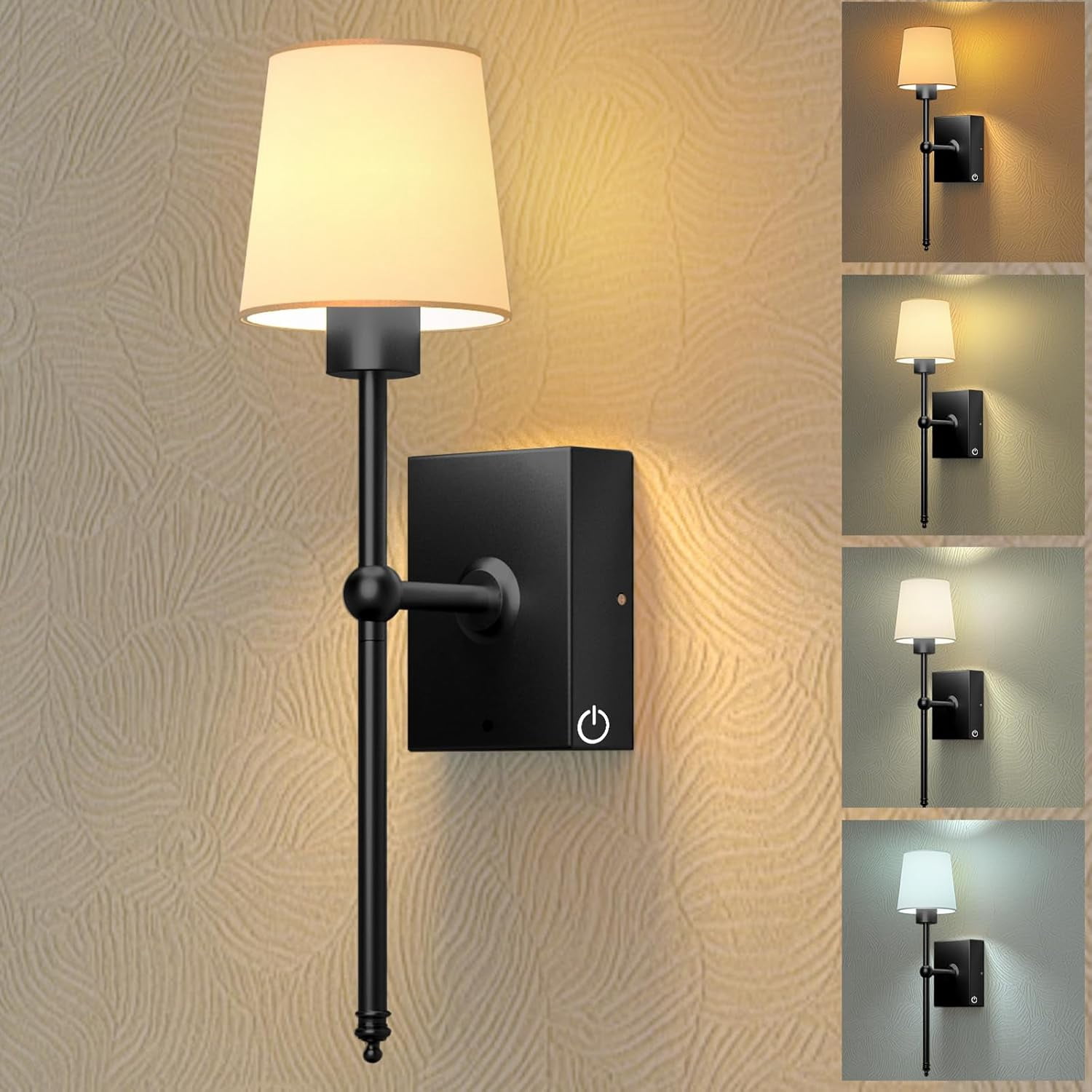 RGHJAR-Battery-Operated Wall Sconce Wall Lights: Black Rechargeable Wall Sconces with Touch&Remote, Wireless Battery Powered Wall Scone Lamp for Bedroom Bathroom Living Room Hallway Picture