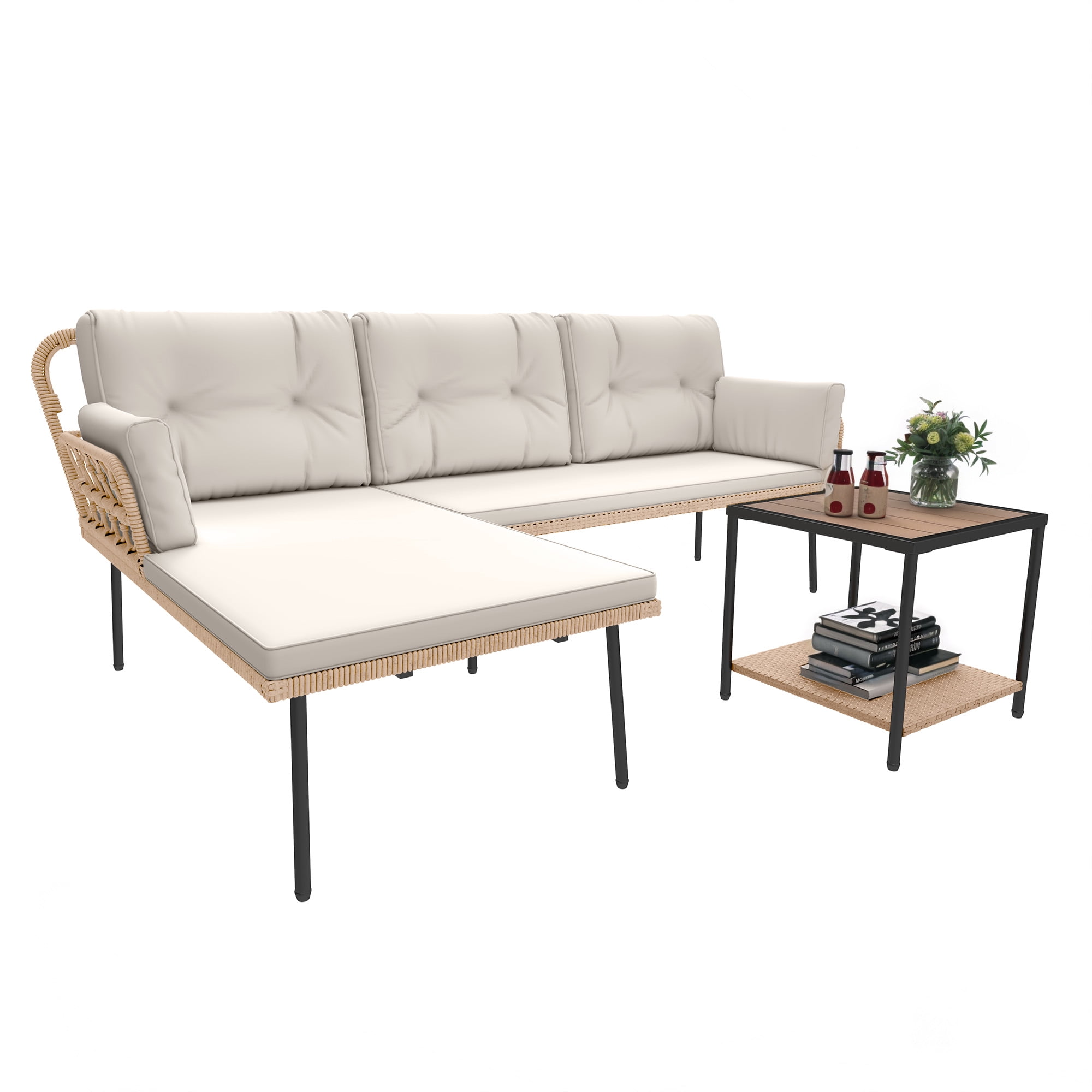 Uforic 3-Piece Patio Furniture Set, Indoor Outdoor Wicker Conversation Set of Sectional L-Shaped Sofa with Cushions and Coffee Table, Beige
