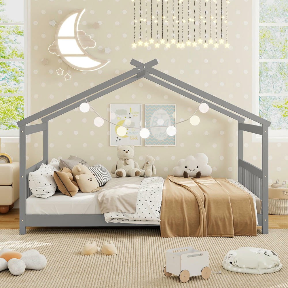 Barara King Full Size House Bedroom Bed Frame with Headboard, Montessori Floor Bed Platform Frame for Apartment, Bedroom, Gray