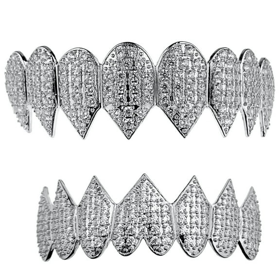 Shark Grillz 8 Top & Eight Bottom Teeth Set Silver Tone Iced Micro Pave Pre-Made Mouth Grills