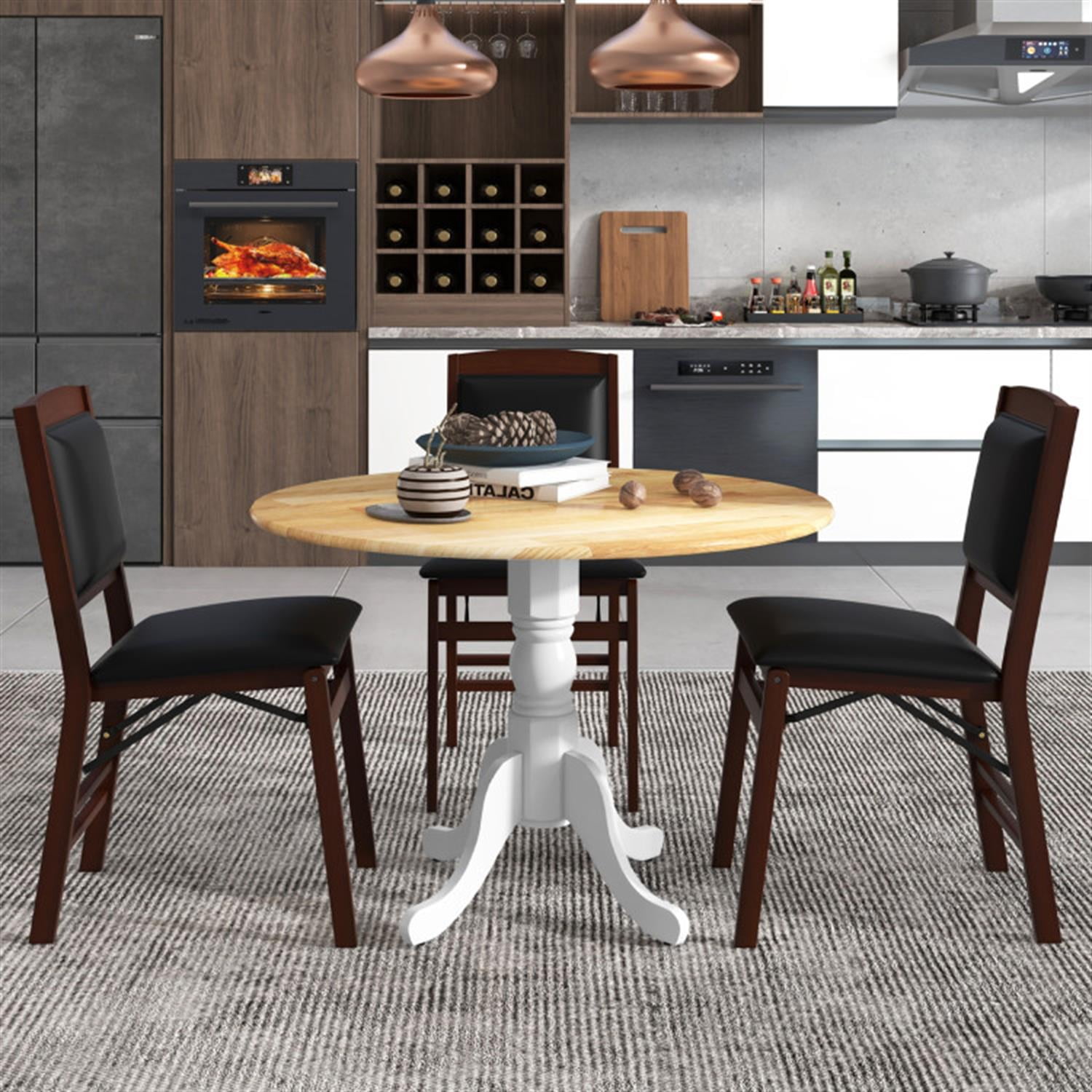 Demi Bonn Wooden Dining Table with Round Tabletop and Curved Trestle Legs, Modern Kitchen Table Furniture for Dining Room, Dinette, Beige+White