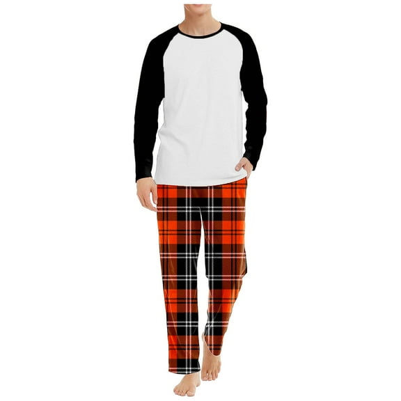 Mens Pajama Set 2 Piece Color Block Long Sleeve Crew Neck Nightwear Plaid Pants Fall Thin Classic Fit Home Wear Lounge Wear Orange M