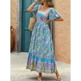 thumbnail image 6 of Women'S 2025 Summer Short Sleeves Boho Floral Print Tiered Casual Flowy Long Maxi Dress Blue S, 6 of 9