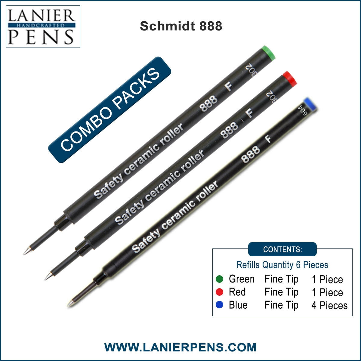 6X Schmidt 888 F Safety Ceramic Rollerball Refill Green/Red/Blue Ink Fine Tip