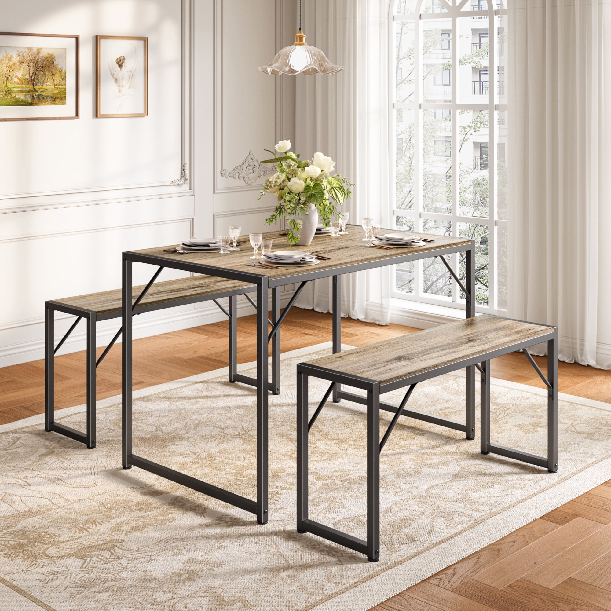 Asofer 45.5" Small Kitchen Dining Table Set with 2 Benches, Multi-Use as Coffee Table/Shoe Bench, Grey