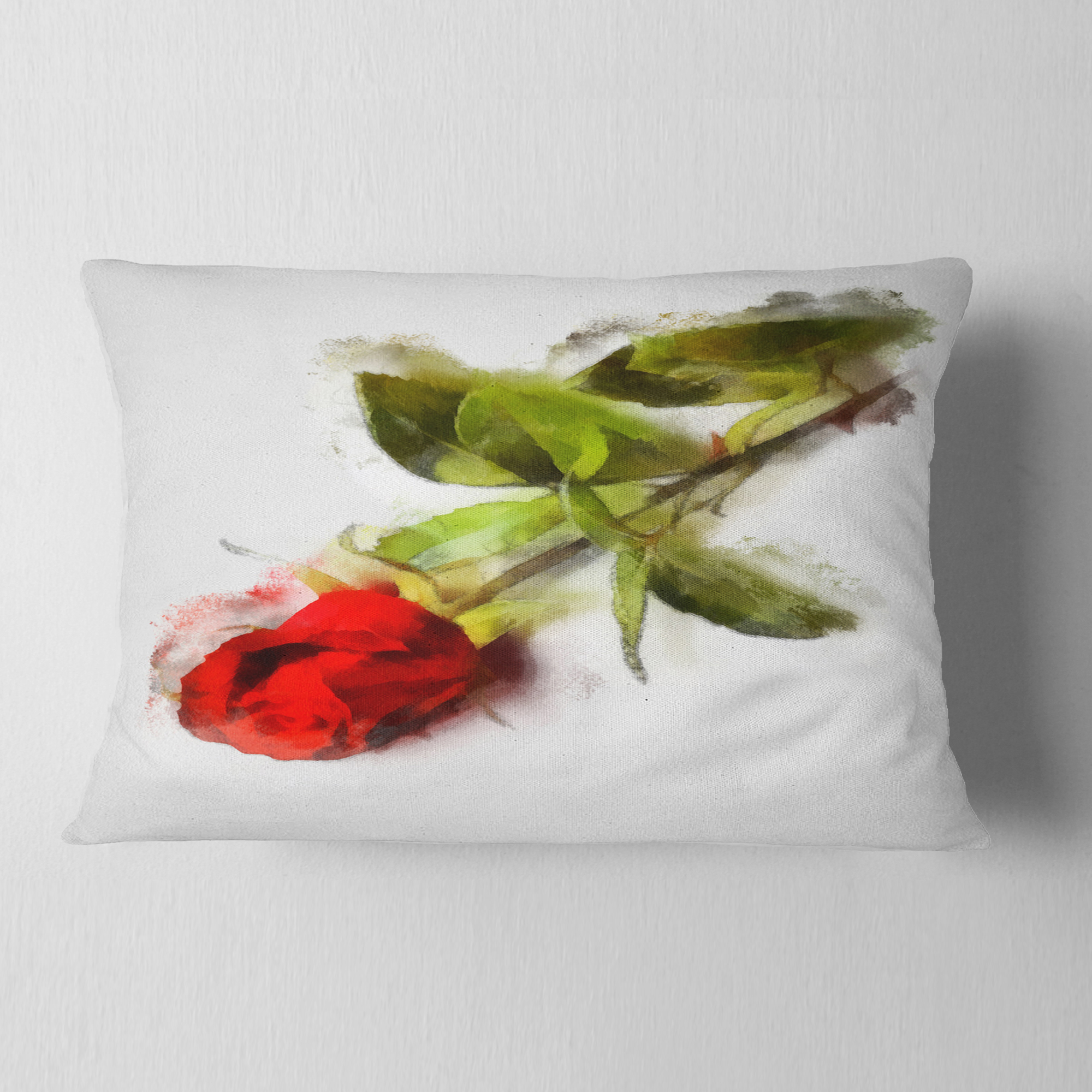 Designart Red Rose with Stem Drawing - Flower Throw Pillow - 12x20