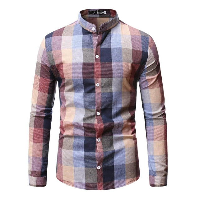 CEHVOM Chemise Homme Colorée Col Montant à Carreaux Simple Boutonnage Ajustée en Solde