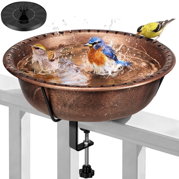 SPECSTAR Deck Mounted Bird Bath with Solar Fountain, Outdoor ABS Birdbath Bowl with Adjustable Metal Clamp, Solar Powered Pump for Railing, Fence, Balcony, 1.45 Gallons, Bronze