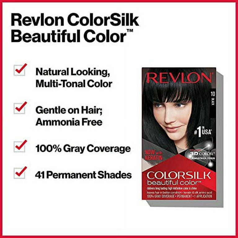 Revlon Permanent Hair Color, Permanent Hair Dye, Colorsilk with 100% Gray  Coverage, Ammonia-Free, Keratin and Amino Acids, 10 Black, 4.4 Oz (Pack of