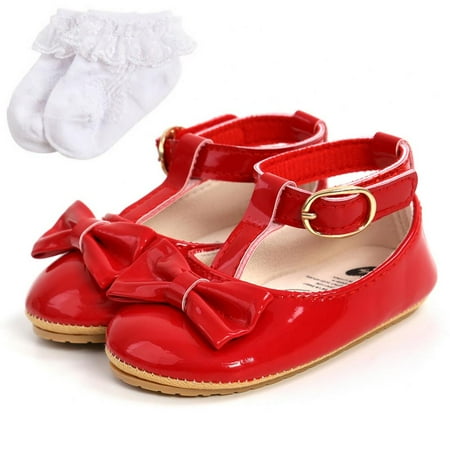 

Female Baby Pu Leather Shoes + Socks Wedding Mary Jane Flat Shoes Infant And Newborn Shoes 0-18M