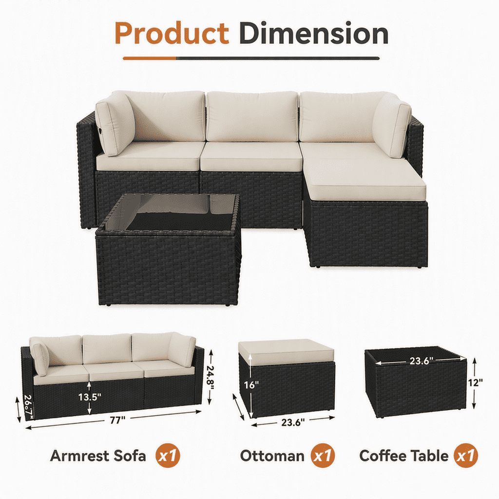 BaPiPro 5 Piece All-Weather PE Rattan Modular Outdoor Patio Furniture Set, Sectional Conversation Sofa with Thick Removable Cushions & Tempered Glass Coffee Table for Backyard Poolside Garden, Beige
