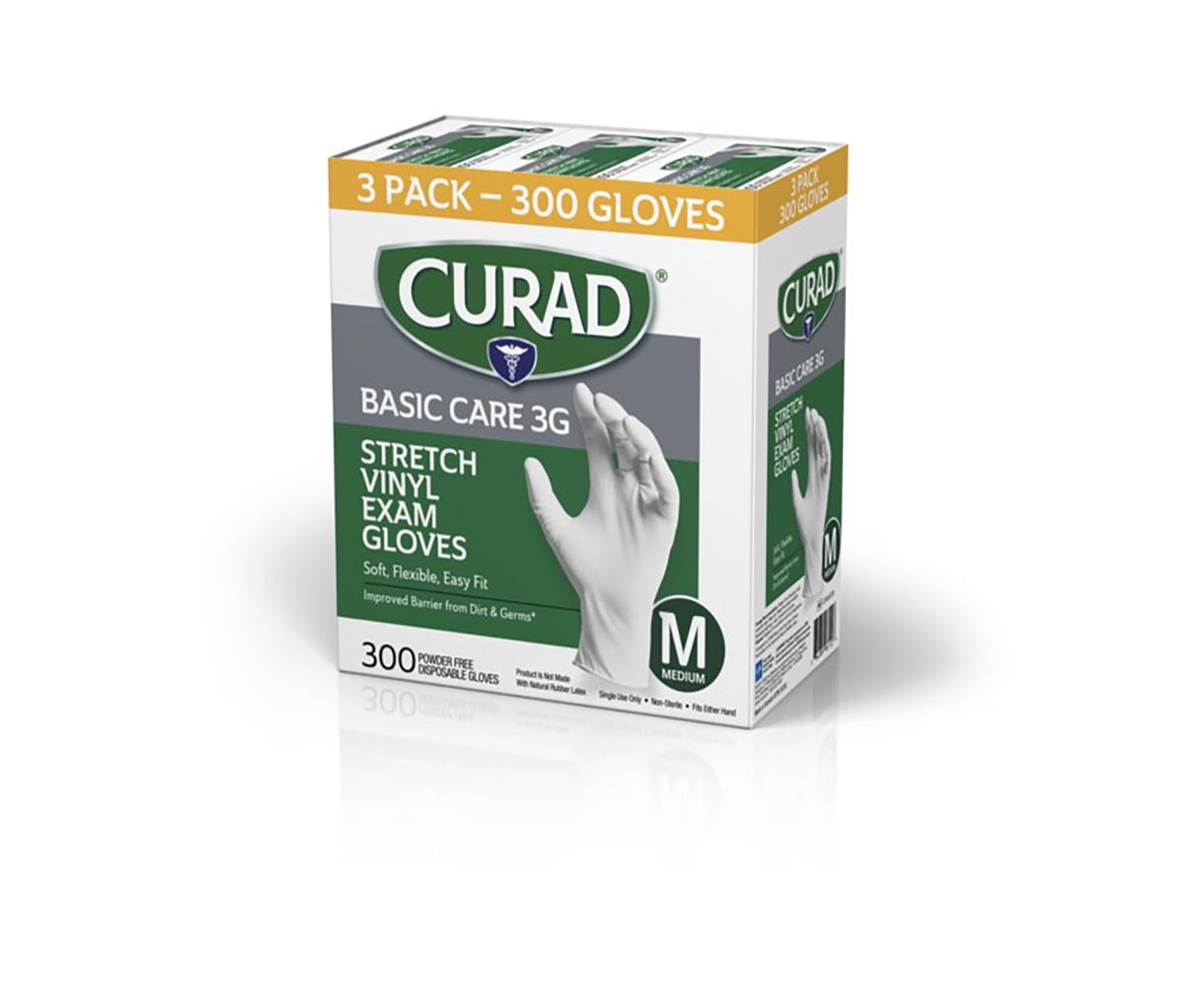 Curad Basic Care 3G Stretch Vinyl Exam Gloves, Powder Free, Medium, 300 Count