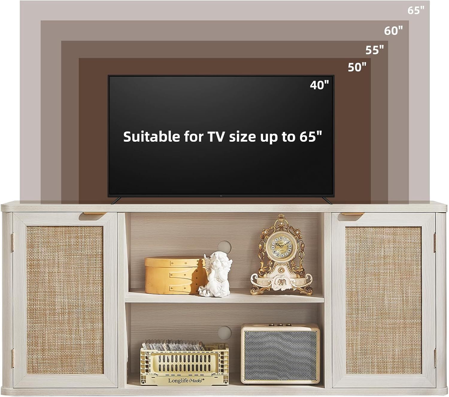 LEYAOYAO Rattan TV Stand for Tvs up to 65 inch, Wood Media Console for Living Room, Grey Oak