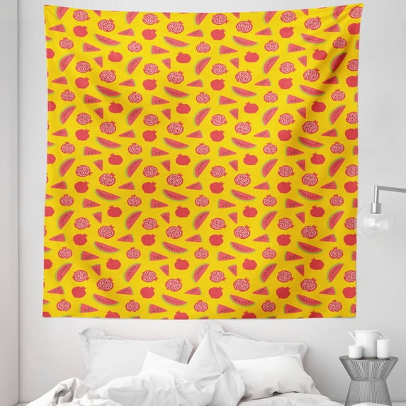 Fruit Tapestry, Modern Graphic Pattern of Summer Pomegranate and Watermelon Slices, Fabric Wall Hanging Decor for Bedroom Living Room Dorm, 5 Sizes, Earth Yellow Multicolor, by Ambesonne