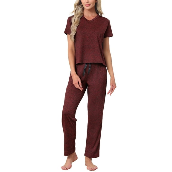 INSPIRE CHIC Womens Pajamas Set Short Sleeve V Neck Pullover Top with Pants Soft Knit Sleepwear Lounge Set S Red