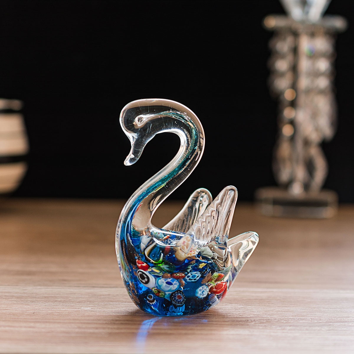 Longwin Hand Blown Glass Kaleidoscope Goose Statue Collection, Glass Animal Sculpture Suitable for Wedding Decoration, Paperweight, Home Decor