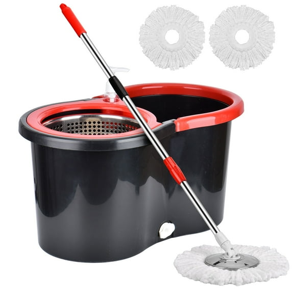 Spin Mop and Bucket, Stainless Steel Floor Cleaning System with 2 Extra Refills, Microfiber Mop Heads, 58" Extended Handle for Household, Black & Red