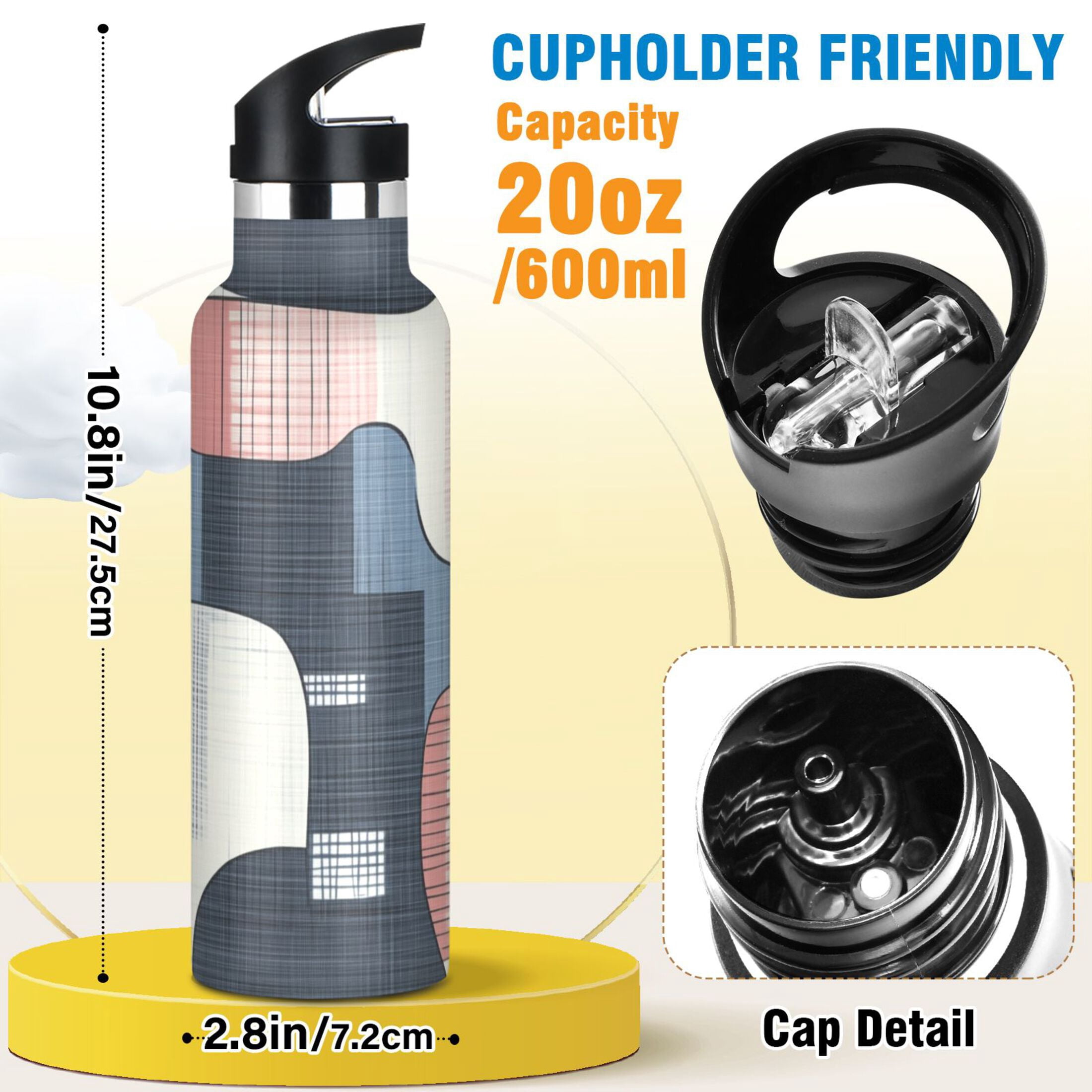Kids Insulated Stainless Steel Sports Water Bottle 600ml (20oz) Blue and Pink Large Shapes