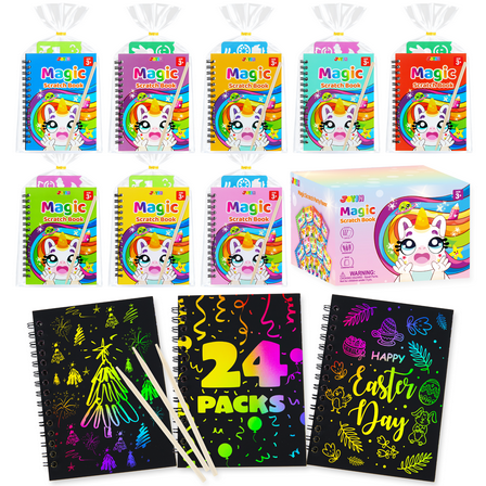 Joyfy 24 Pack Rainbow Scratch Art Notebook Party Favors for Kids, Paper Crafts Kit, Goodie Bags Stuffers, Return Gifts for Birthday, Classroom Prizes, Bulk Gifts for Christmas Valentines Easter