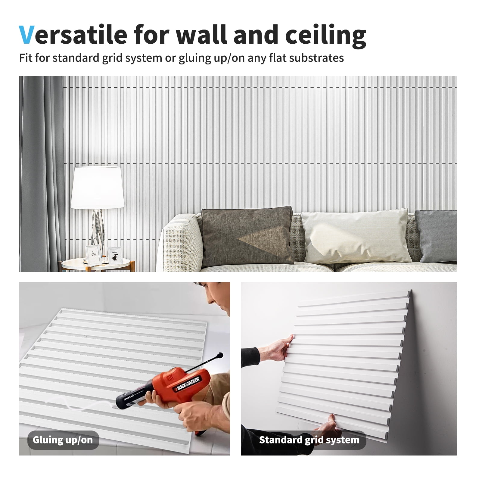 Art3d 3D Slat Wall Panels, White, 19.7x19.7in, PVC, 12 Pieces, Pack