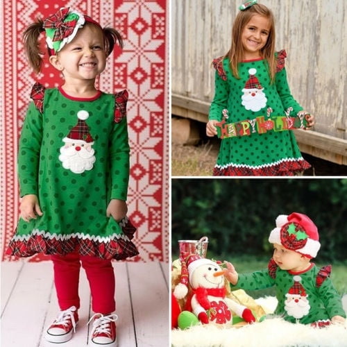 Christmas cute girl warm Santa print long sleeve round neck dot dress Christmas party princess dress