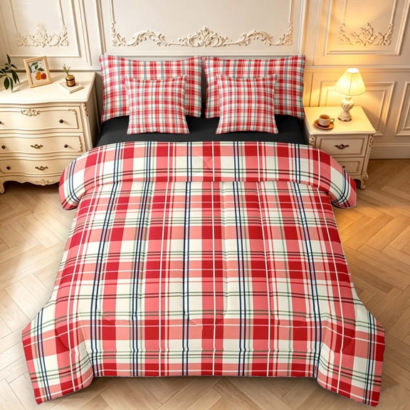 Manfei Minimalist Plaid 7-Piece Twin Bedding,Vintage Check Art Bedding Comforter Set,Red,Black Reversible