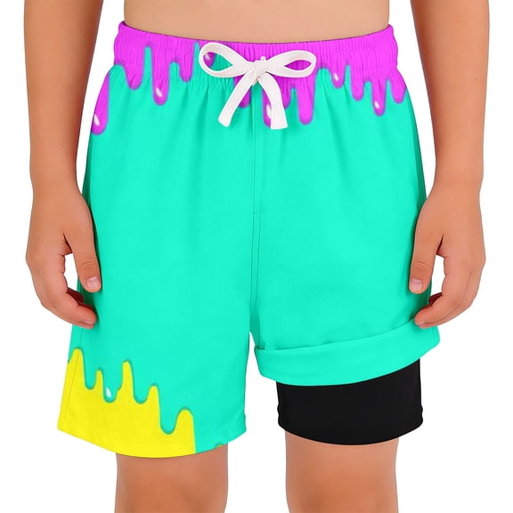 Glisme Boys Swim Trunks With Compression Liner Double Layer Swimwear For Kids With Ice Print Reusable Ruffle Beach Shorts Sun Protective Coastal Swim Shorts Cozy Mint Green Beachwear Size 2-3 Years