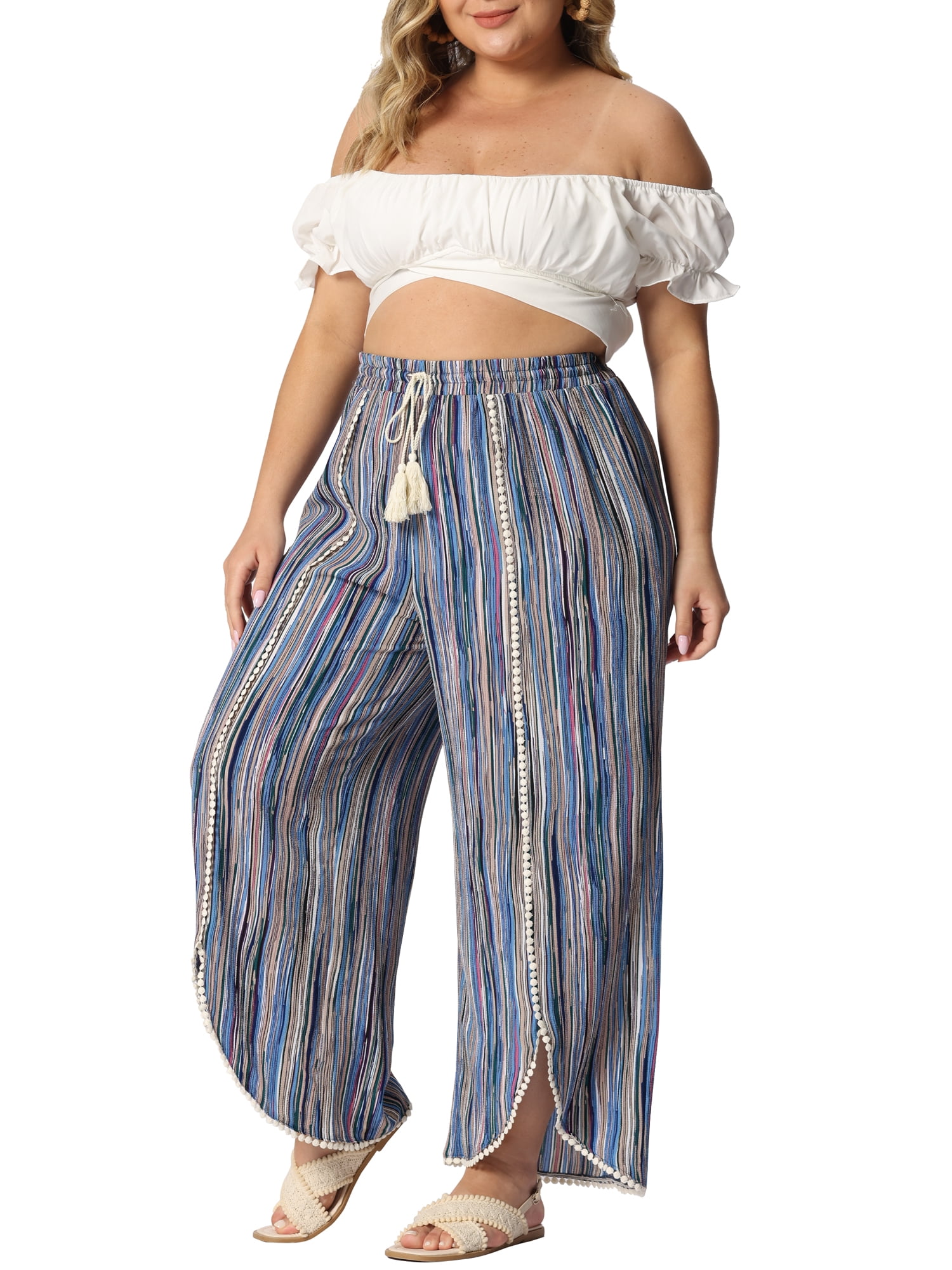 DARING DIVA Women's Plus Size Elastic Waist Flowy Striped Wide Leg Pant 2X Blue
