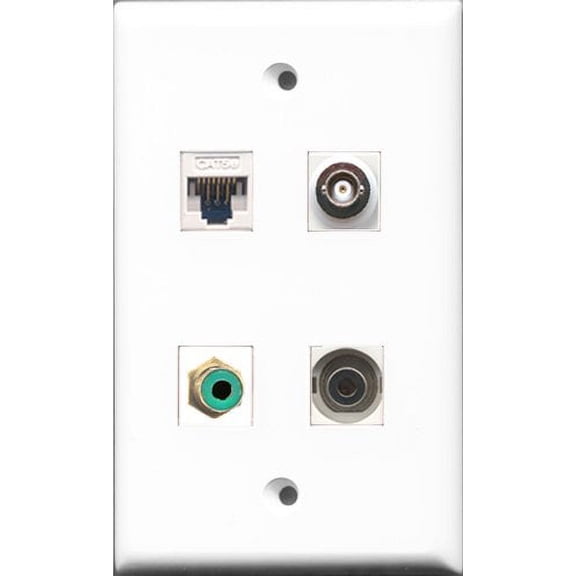 RiteAV - 1 Port RCA Green and 1 Port 3.5mm and 1 Port BNC and 1 Port Cat5e Ethernet White Wall Plate