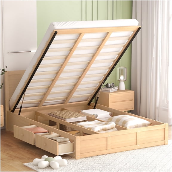 JERFIT Queen Platform Bed Frame with Storage Drawers, Solid Wood Structure, No Box Spring Needed, Modern Design for Bedroom