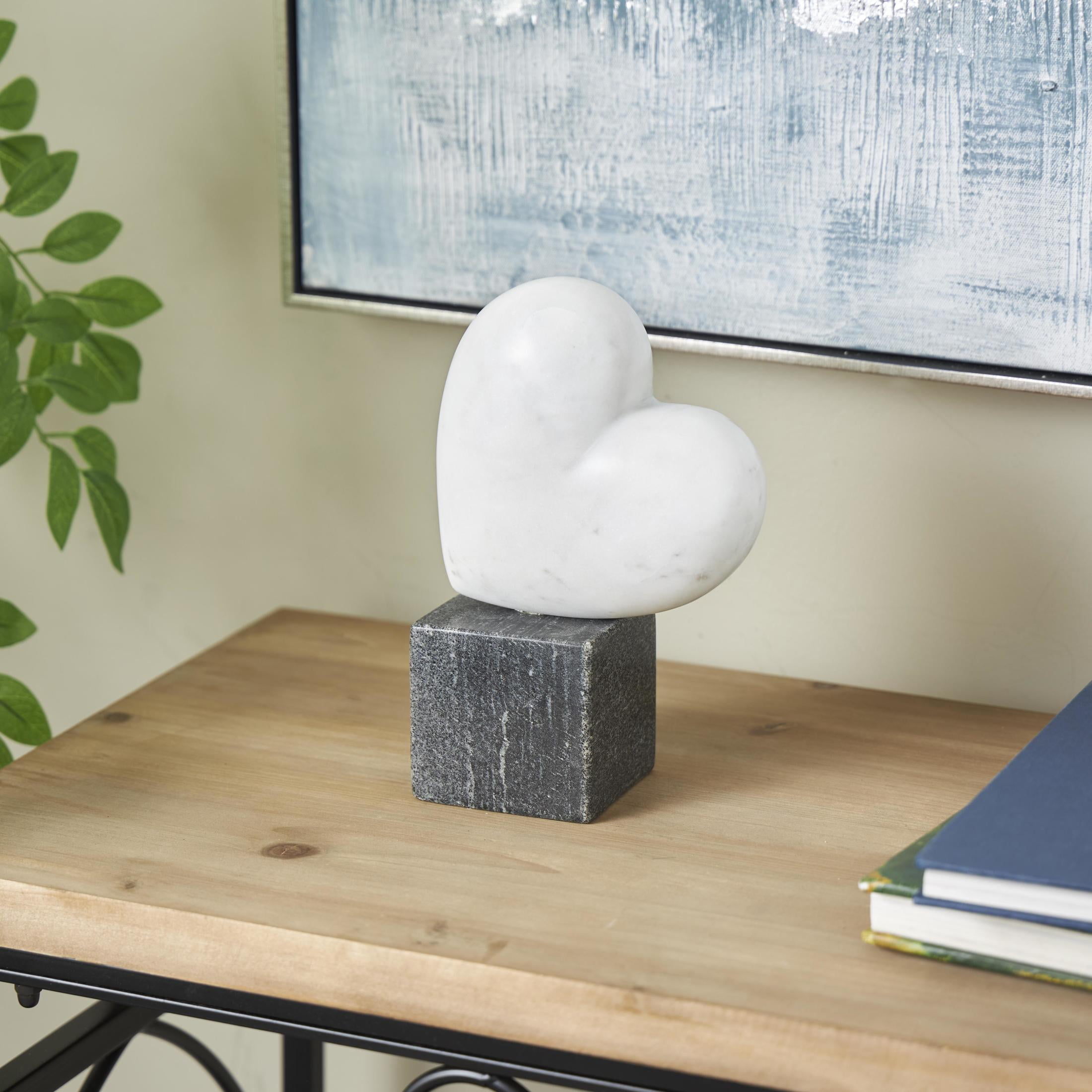 5" x 9" White Marble Slanted Heart Sculpture with Black Block Base, by DecMode