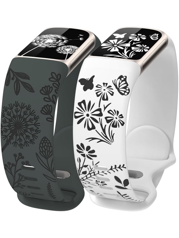 Dual-Tone Engraved Bands Compatible with Charge 6/Charge 5 - Floral Silicone Wristbands for Women, 2 Interchangeable Nature Designs (Dandelion & Wildflower)