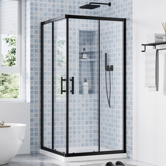 KPUY Shower Enclosure 36" x 36" W x 72" H Double Sliding Corner Shower Door Shower Stall with 1/4" Tempered Clear Glass, Matte Black