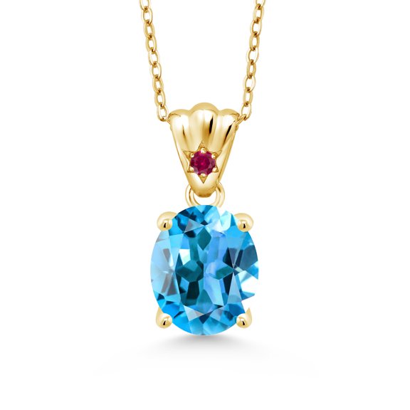 Gem Stone King 4.05 Ct Swiss Blue Topaz Red Created Ruby 18K Yellow Gold Plated Silver Pendant