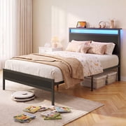 Twin Bed Frame with Headboard & Footboard, Charging Station & LED Light, Under-Bed-Storage, No Box Spring Needed, Noise Free, Easy Assembly, Black