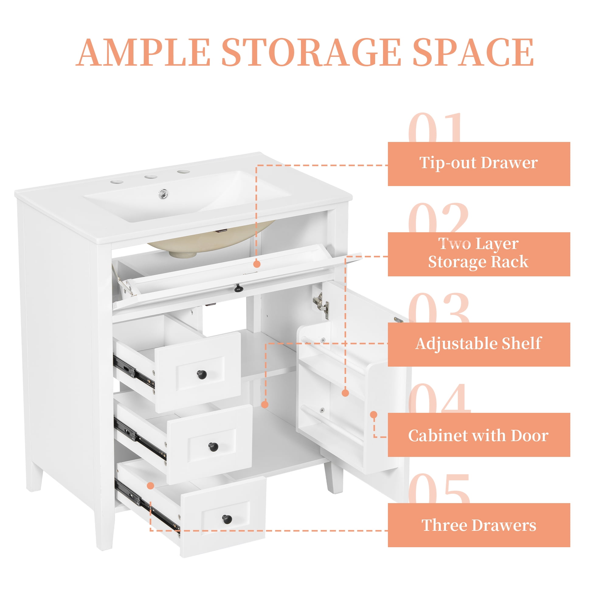 Euroco 30-Inch White Bathroom Vanity with Sink, Modern MDF and Rubberwood Cabinet with 3 Drawers and Adjustable Shelf, Freestanding Vanity for Bathroom Storage and Organization