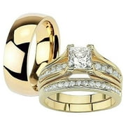 Her and His 14K G.P. Stainless Steel 3pc Wedding Engagement Ring and Men's Band Set Women's Size 11 Men's 04mm Size 11