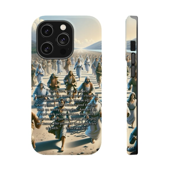 DistinctInk Tough Case for Apple iPhone 14 PRO (6.1" Screen), Compatible with MagSafe Charging - Hebrews 12:1 - Running with Perseverance towards Jesus