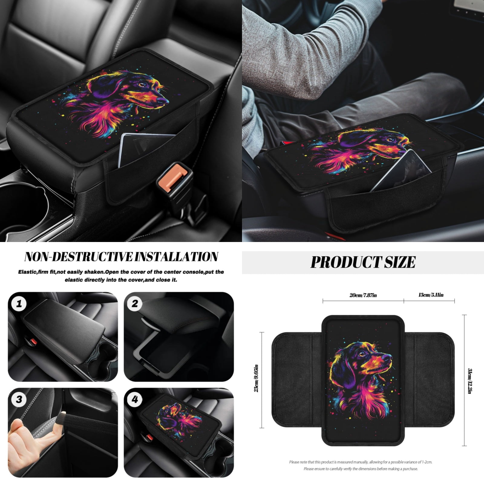 Jeiento Dachshund 14 PCS Car Seat Covers Set for Women Men with Steering Wheel Cover Seat Belt Covers Trash Bin Rear View Mirror Cover Car Armrest Cover Cushion Coasters Gear Shift Knob Cover