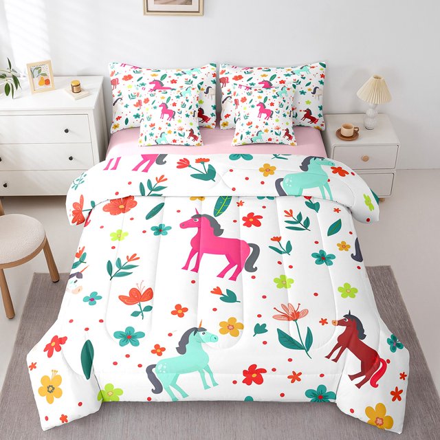 YST Ensemble Douillette 7 Pcs Motif Cheval de Dessin Animé, Fleurs Colorées Feuilles Lit Tout-en-un pour Lit Très Grand