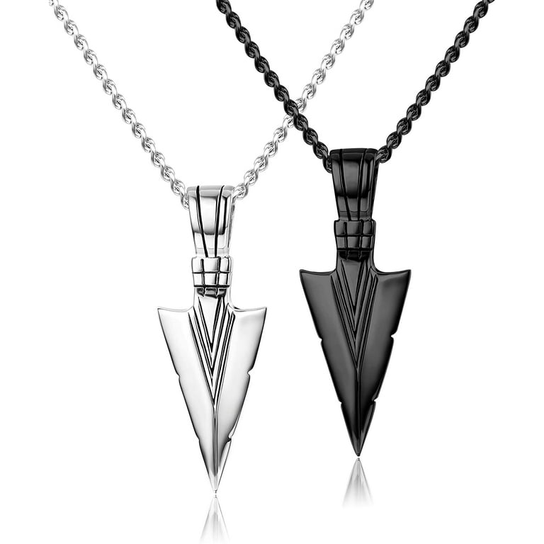 Jstyle Stainless Steel Pendant Necklace for Mens Boys Cool Spearpoint Arrowhead Pendant Chain Necklace Set Black Silver Tone
