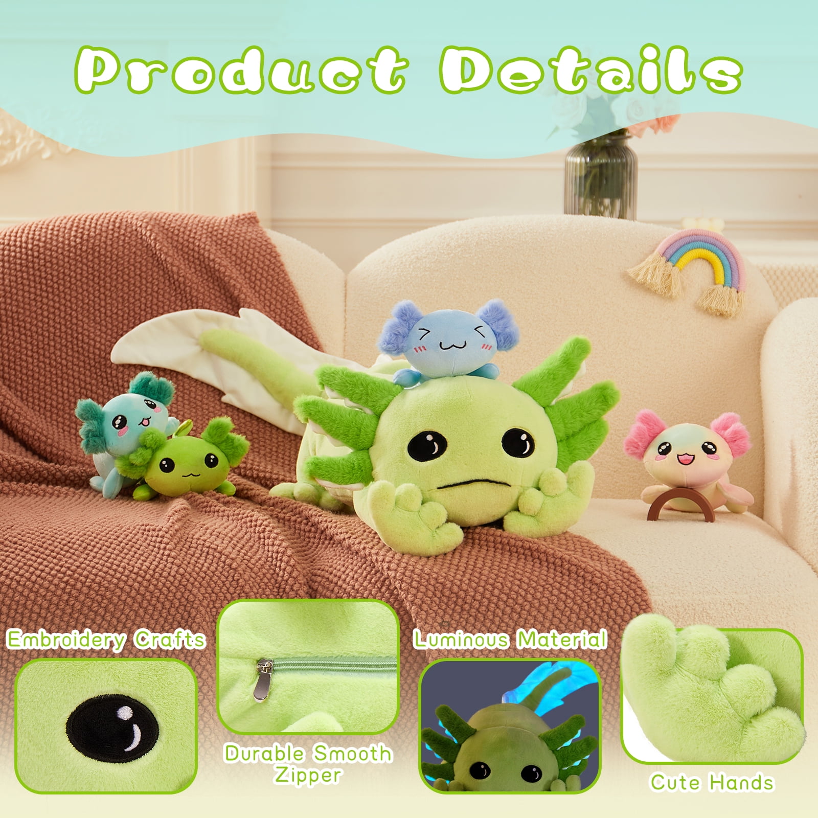 MaoGoLan 31.89" Giant Glow in The Dark Axolotl Stuffed Animals with 4 Babies Inside Large Axolotl Plush Toy Stuffed Newt Toys Salamander Plush Toys