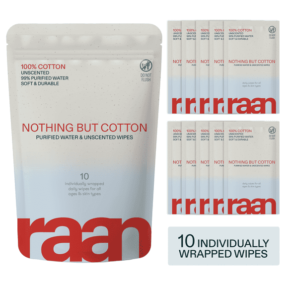 Raan, Unbleached 100%  USA Cotton Facial and Body Cleansing Wipes, Unscented, 99% Purified Water, EWG Verified, Moisturizing, 10 Individually Wrapped