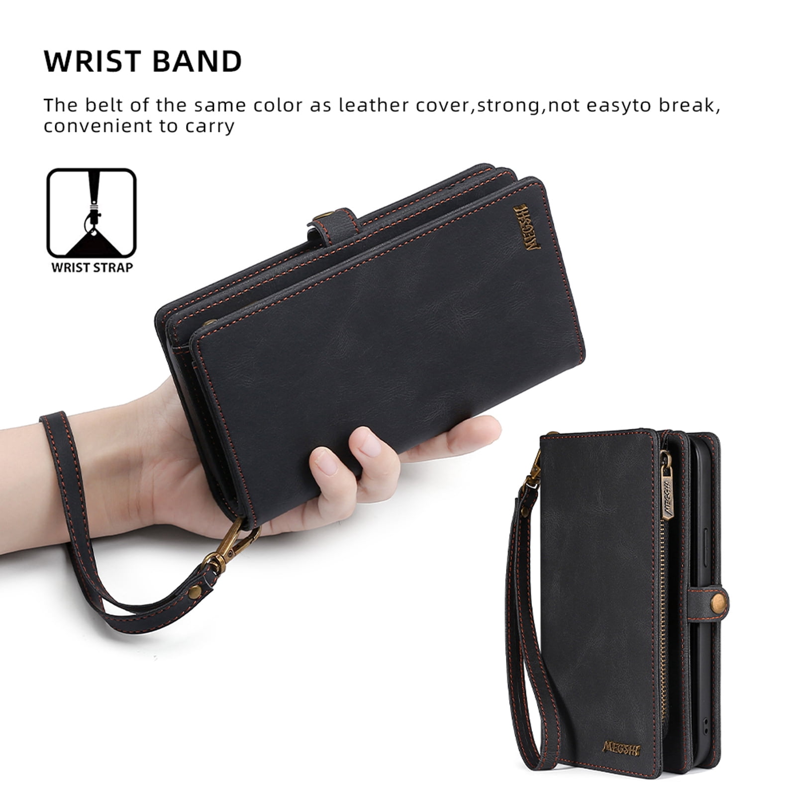 Defencase for Google Pixel 7 Pro Case for Women Men, Removable Durable PU Leather Magnetic Flip Strap Wristlet Zipper Purse Card Holder Detachable Wallet Phone Cases for Google Pixel 7 Pro, Black