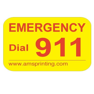 Emergency 911 Phone Stickers, Laminated Stickers on Yellow Gloss with Red Ink. Permanent and Self-adhesive labels. Label Size: 1