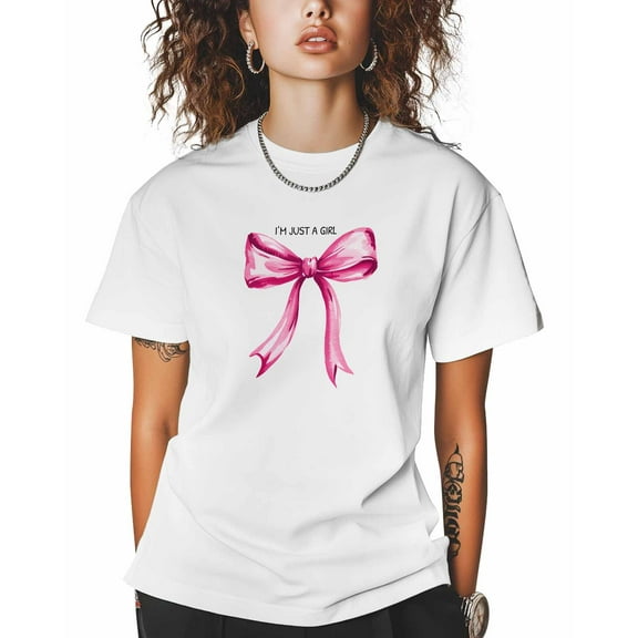Women's Graphic T-Shirt White XL Women's Tops Pink Bow Tie Crew Neck Short Sleeve Shirts for Women