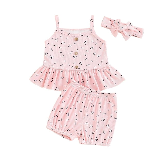 IFNWSV Ensembles d'Été pour Filles Mode Décontractée Sans Manches Col Rond Col Bouton Imprimé Ensembles de Shorts 0 Mois