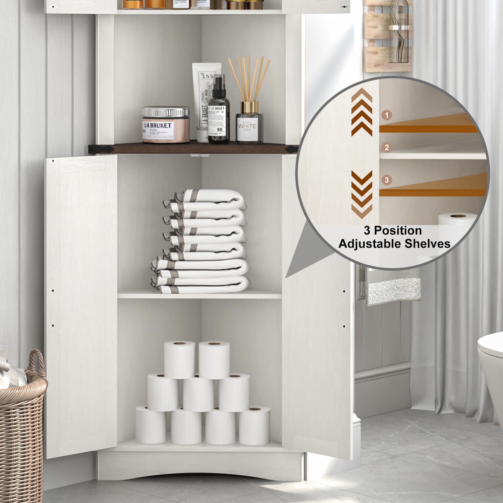 ChVans Farmhouse 68" Tall Corner Cabinet w/4 Barn Doors, 5 Tier Bookcase Storage Cabinet with Adjustable Shelves, Corner Storage Cabinet for Bathroom,Living Room,Kitchen, White-Brown